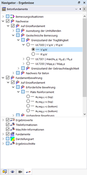 Betonfundamente werden im Navigator detailliert analysiert und die Ergebnisse angezeigt.