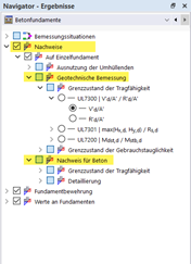 Betonfundamente mit geotechnischen und Stahlbeton-Nachweisen im Navigator dargestellt.