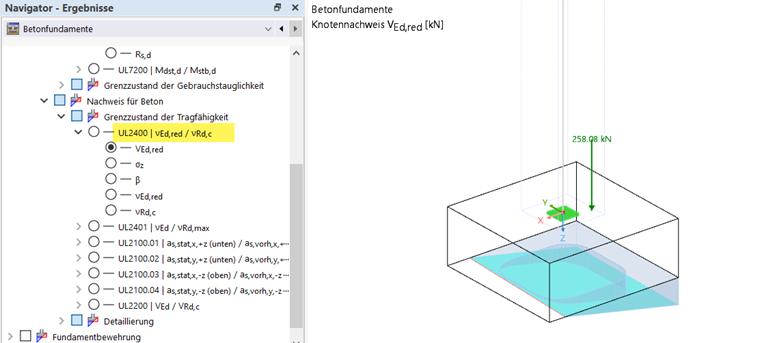 Grafische Darstellung von Betonfundamenten mit statischer Erklärung und Querschnittsanalysen.