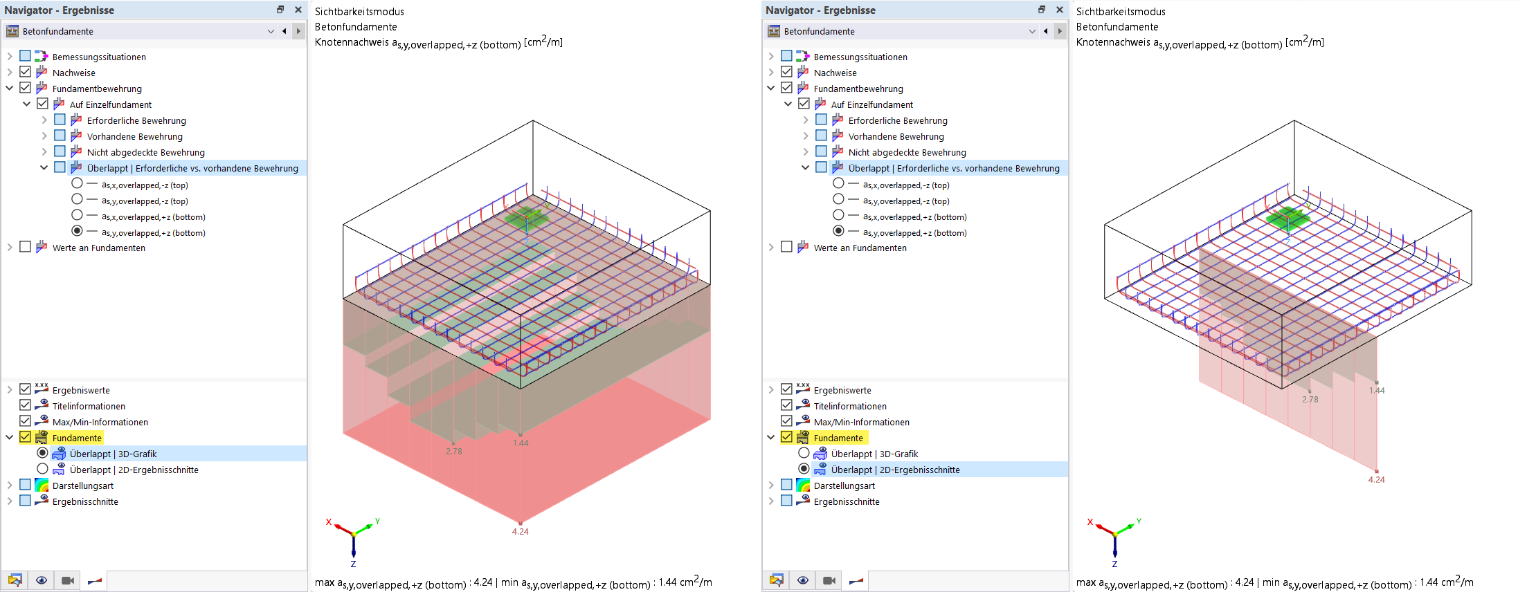 Betonfundament mit überlappender Bewehrung in detaillierter 3D-Darstellung.