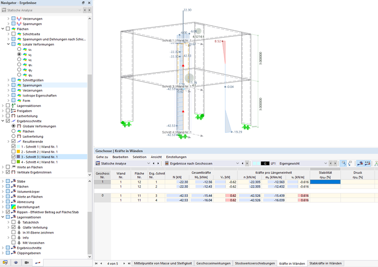 Analyse der Kräfte in Wänden mit Gebäudemodell in Dlubal Software.