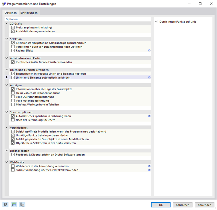 Dialog 'Programmoptionen und Einstellungen', Register 'Optionen'