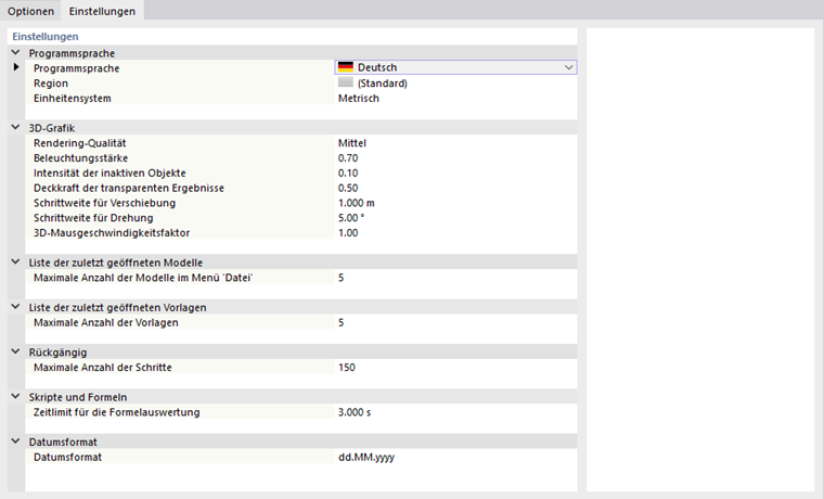 Register 'Einstellungen'