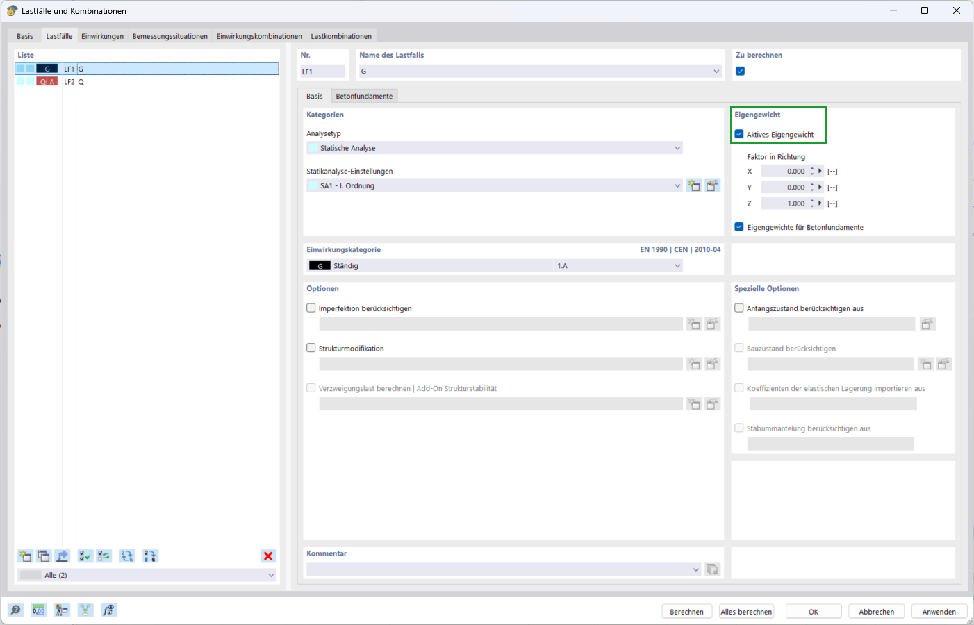 Dialog 'Lastfälle und Kombinationen' | Einstellung 'Aktives Eigengewicht'
