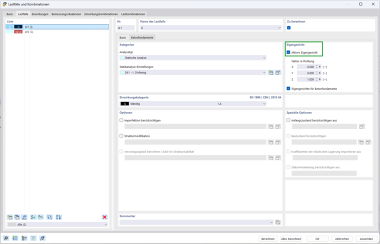 Dialog 'Lastfälle und Kombinationen' | Einstellung 'Aktives Eigengewicht'