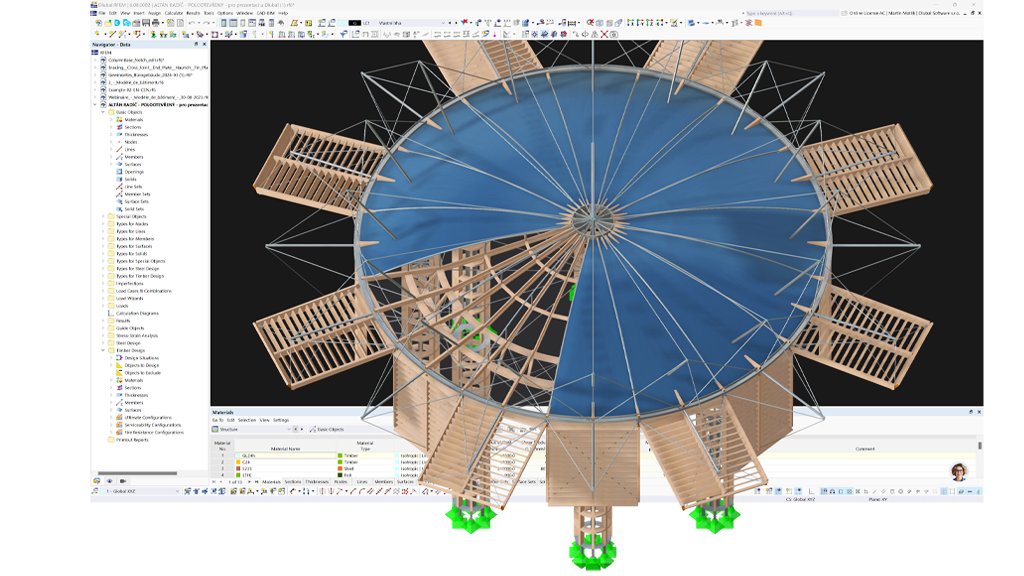 Das Bild zeigt die mit RFEM 6 entworfene Holzkonstruktion eines kinetischen Pavillons auf dem Schloss Radíč in der Tschechischen Republik | © TIMBER DESIGN s.r.o.