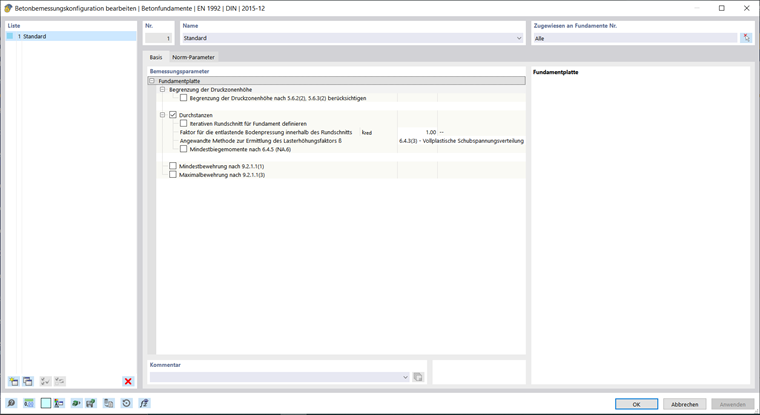 Dialog zur Betonbemessungskonfiguration für Fundamente zeigt detaillierte Einstellungsmöglichkeiten.