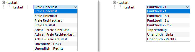 Lastarten für Flächen (links) und für Stäbe (rechts)