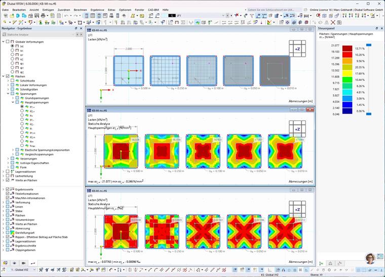 Spannungs- und Dehnungsverteilung auf einer Fläche in RSTAB-Analyse.
