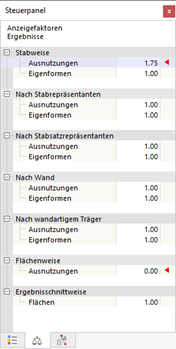 Anzeigefaktoren für Bemessungsergebnisse im Steuerpanel