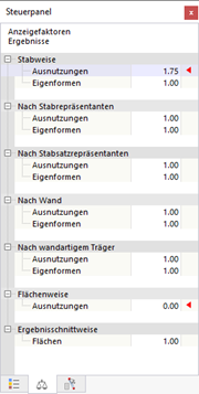 Anzeigefaktoren für Bemessungsergebnisse im Steuerpanel