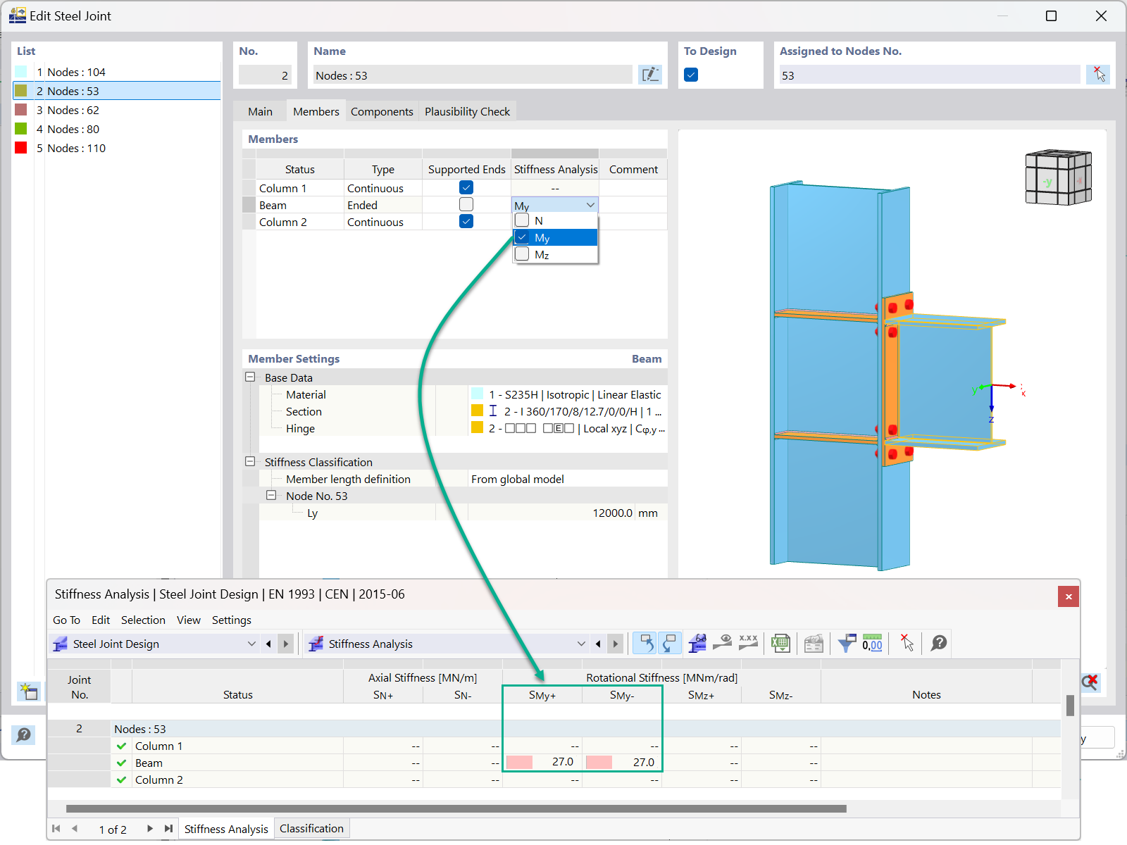 Analyse der Anfangssteifigkeit mit Schnittgrößen in technischer Software
