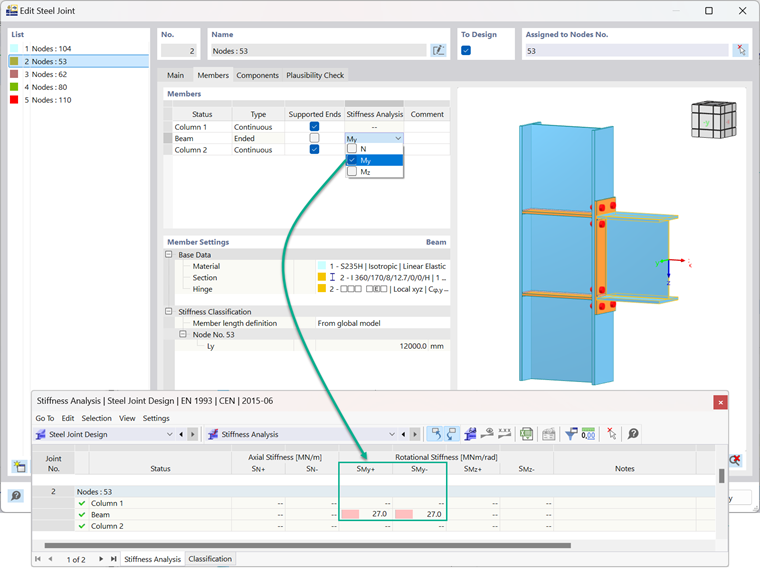 Analyse der Anfangssteifigkeit mit Schnittgrößen in technischer Software