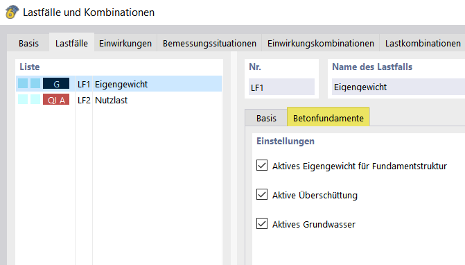 Darstellung des Registerkartenabschnitts für Betonfundamente im Lastfall- und Kombinationendialog.