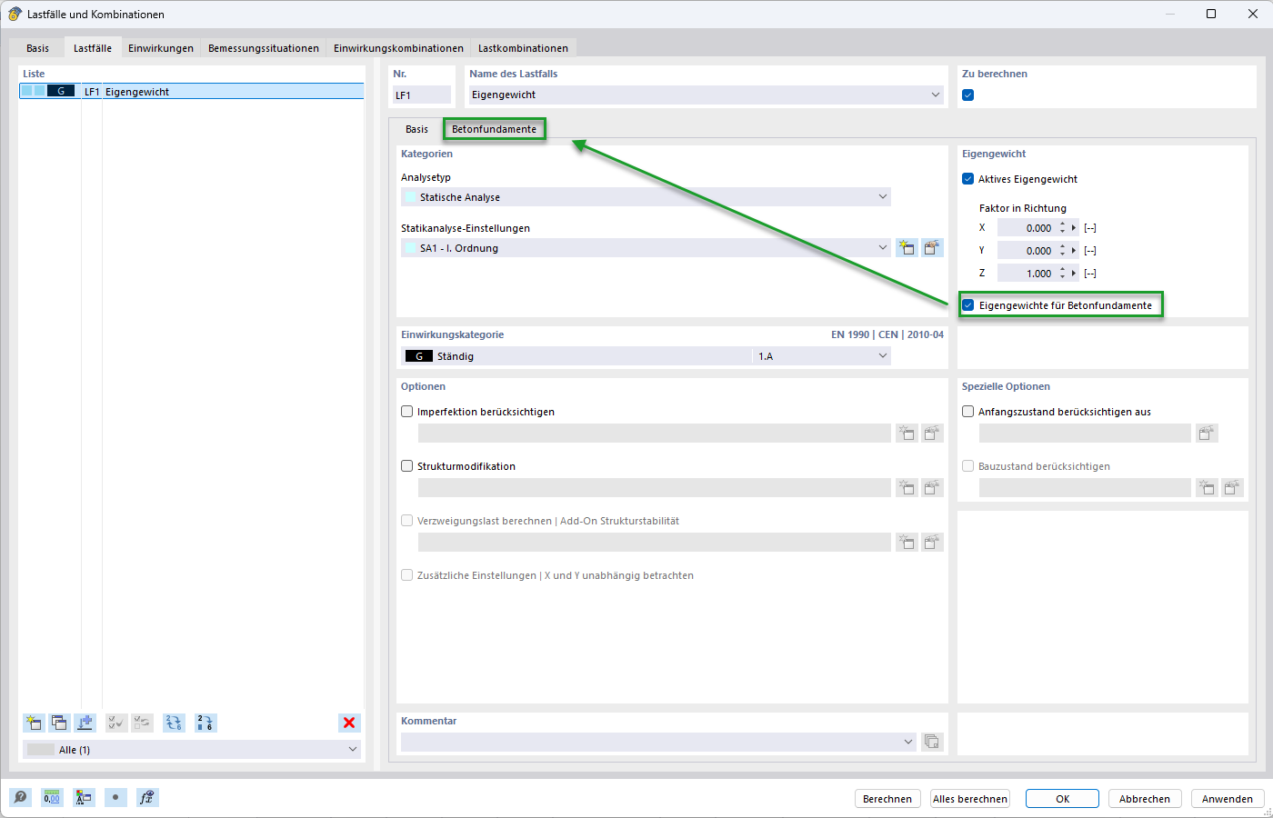 Aktivieren von Eigengewichten bei Betonfundamenten