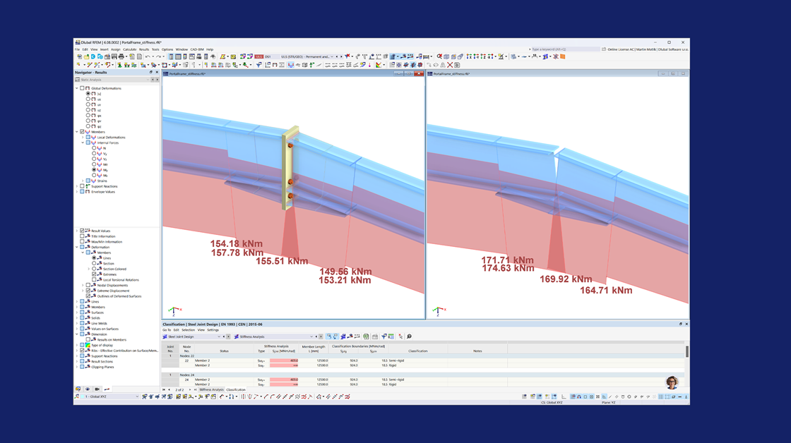 Darstellung der RFEM 6-Analyse von halbstarren Gelenken mit der Anfangssteifigkeit