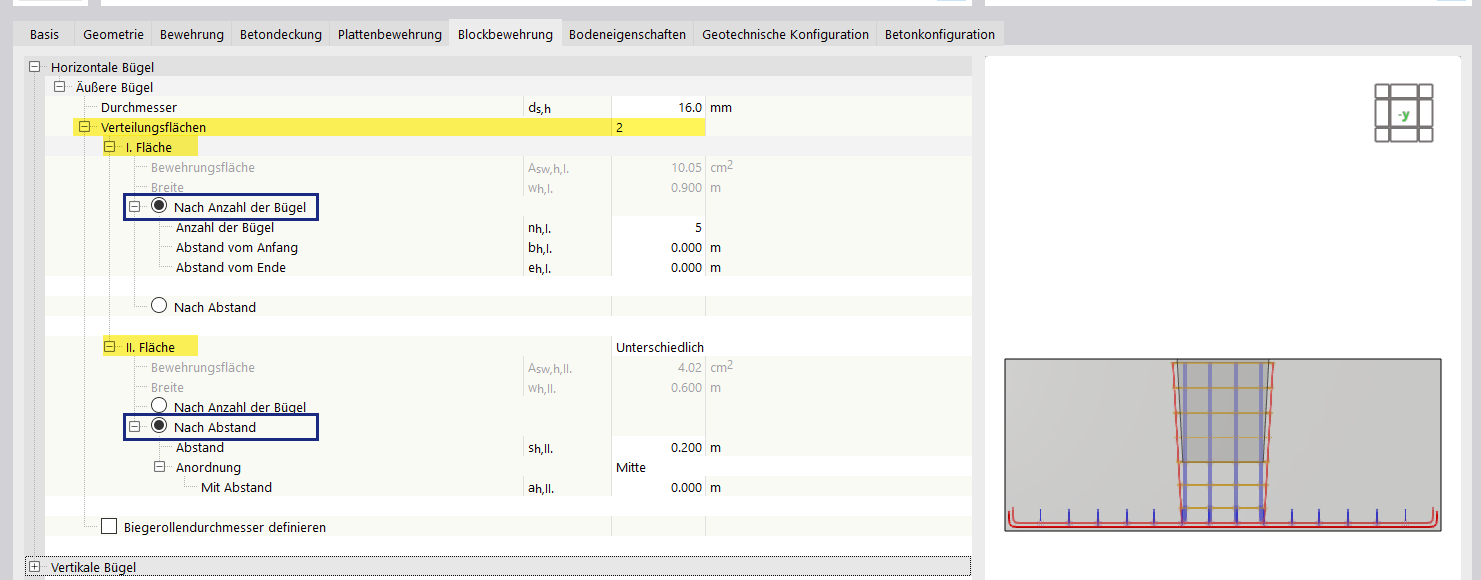 Blockbewehrung in Betonfundamenten mit horizontalen Bügeln, Detailansicht von Bewehrungselementen.