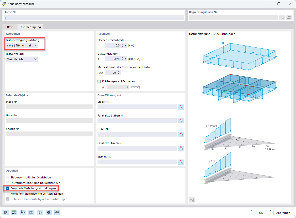KB 001926 | Das Bild zeigt ein Softwarefenster mit erweiterten Einstellungen zur Lastübertragung auf Flächen. Es enthält Eingabefelder für Flächenstreifenbreite und Stichprobenfaktor.