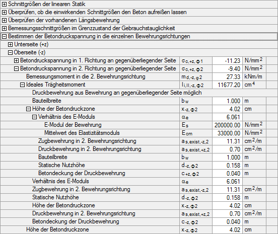 Darstellung der Betondruckzone in 2.92 m Höhe für die zweite Bewehrungsrichtung.