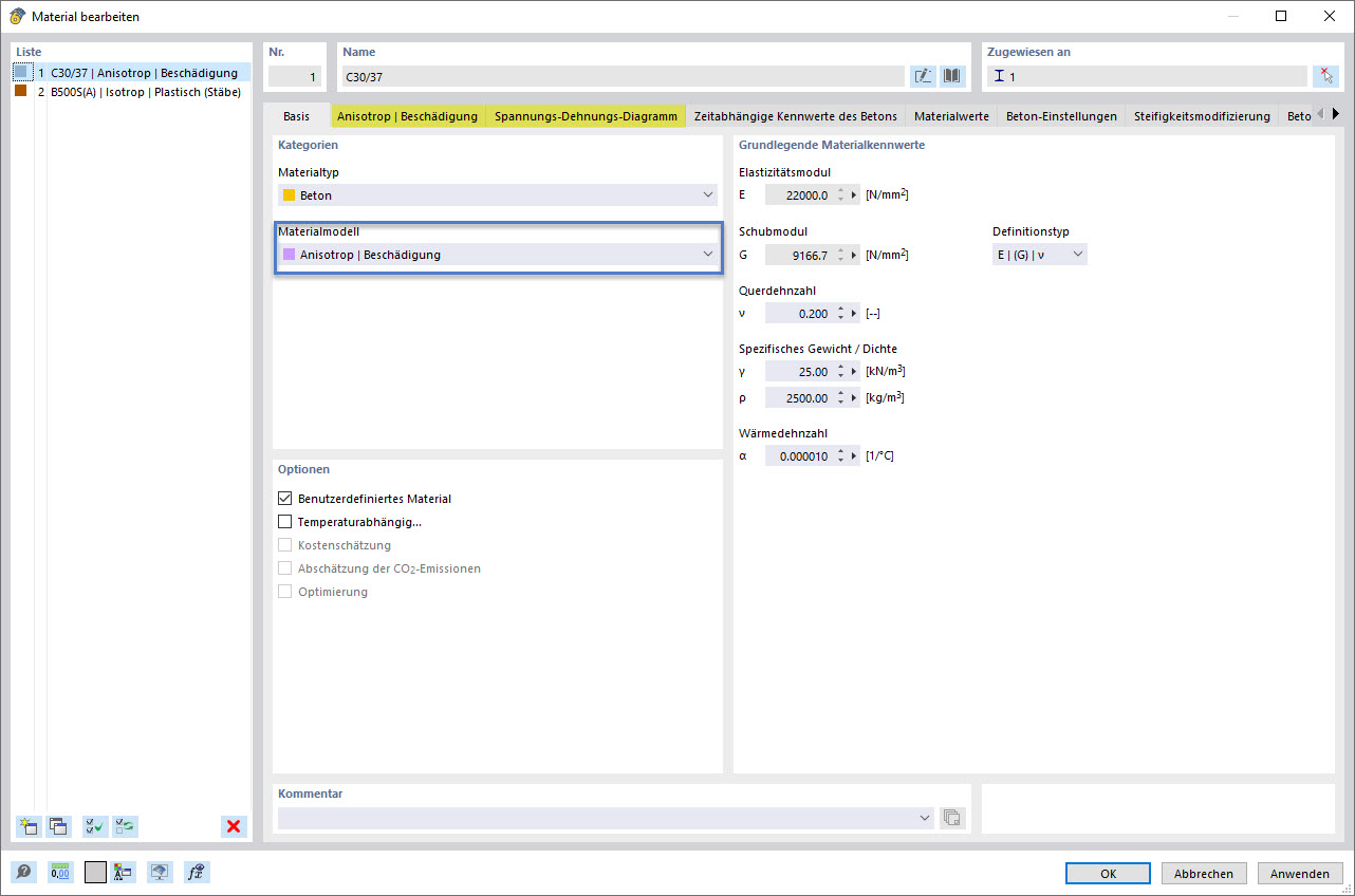 Auswahl des Materialmodells Anisotrop | Beschädigung für Beton in der Software-Oberfläche