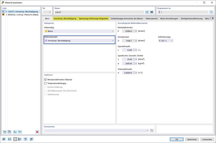 Auswahl des Materialmodells Anisotrop | Beschädigung für Beton in der Software-Oberfläche