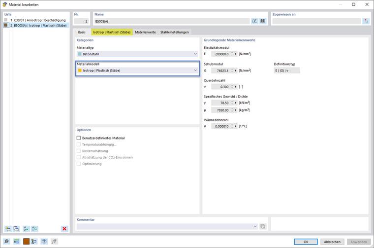 Betonstahl mit Materialmodell "Isotrop | Plastisch (Stäbe)" - Bild 1/2: Zuweisen des Materialmodells