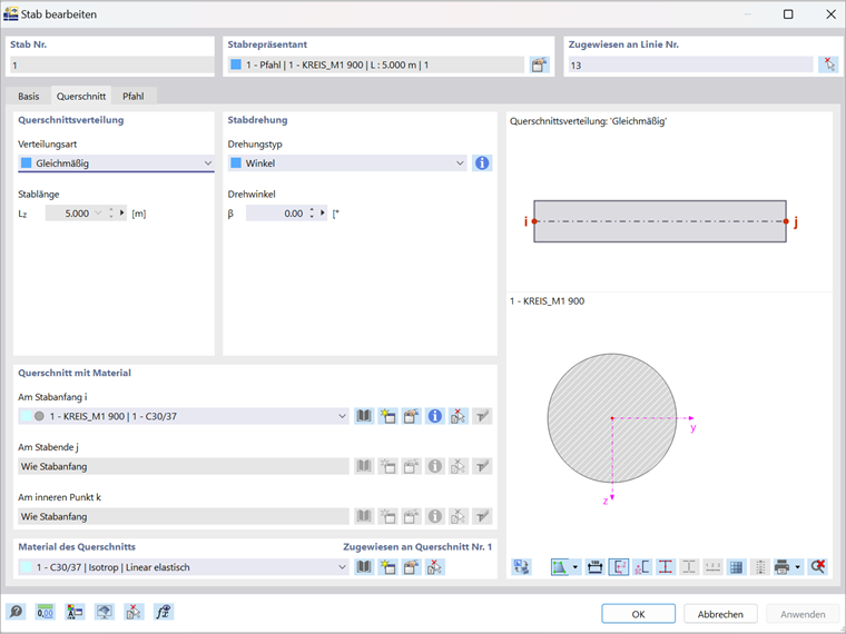 Definition der Querschnittseigenschaften des Pfahls