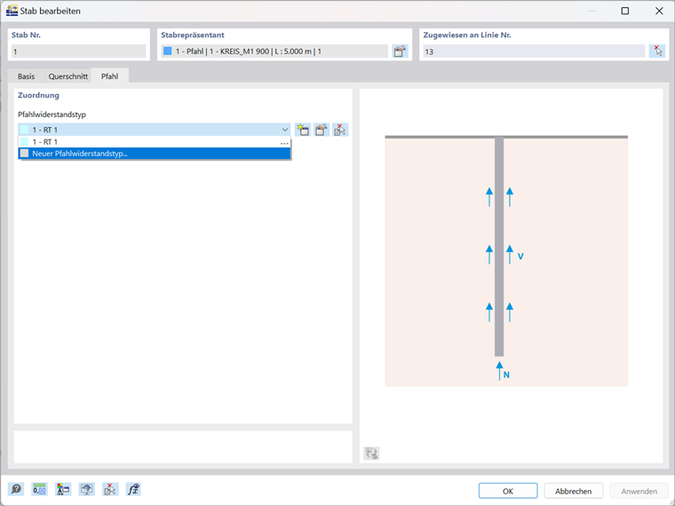 Oberfläche mit Auswahl des Pfahlwiderstandstyps in Ingenieursoftware