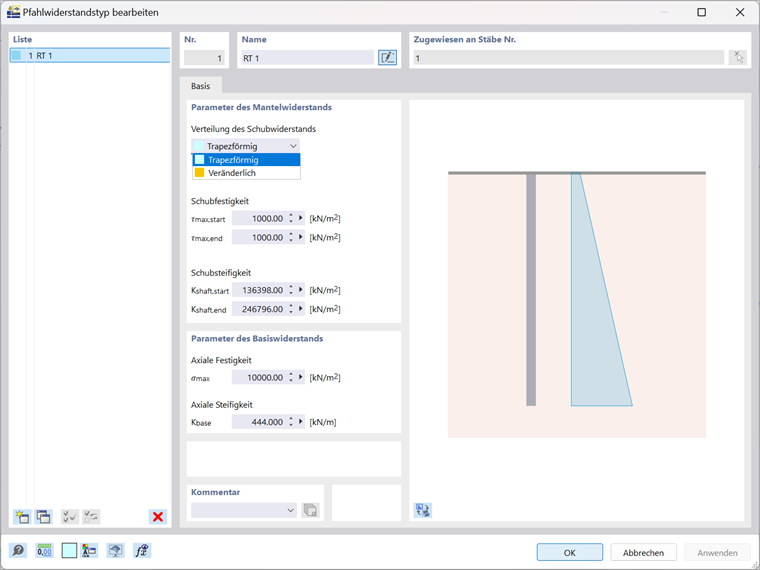 RFEM 6-Oberfläche mit Einstellungen der Pfahlwiderstandsparameter