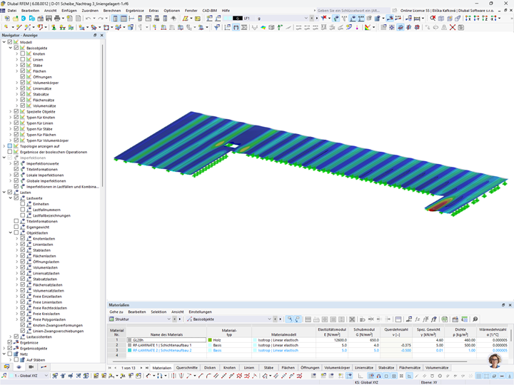 Das RFEM-Modell der Brettsperrholz-Dachdecke in der Vilstalhalle in Vilsbiburg zeigt die Aufstockung.