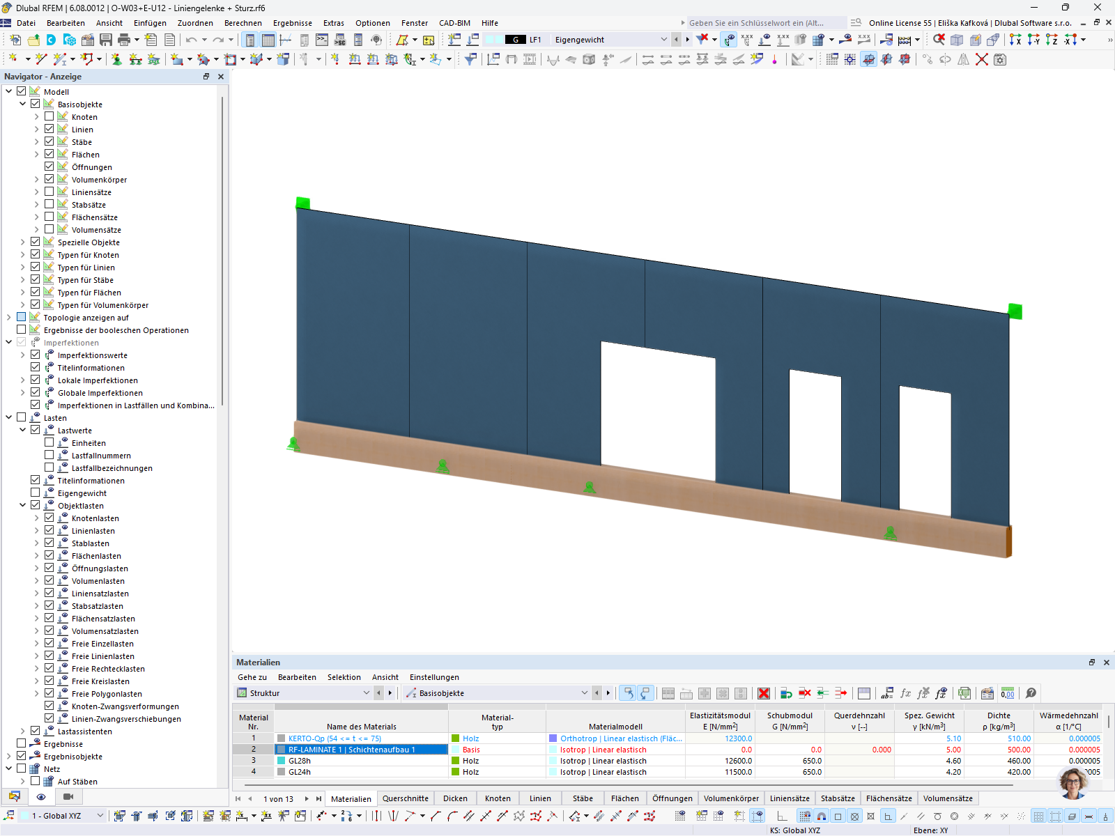 Das Modell zeigt eine Wandscheibe aus Brettsperrholz, die in RFEM dargestellt wird.