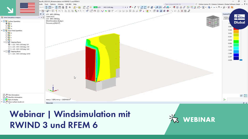 Webinar graphic featuring wind simulation with RWIND 3 and RFEM 6 technologies.