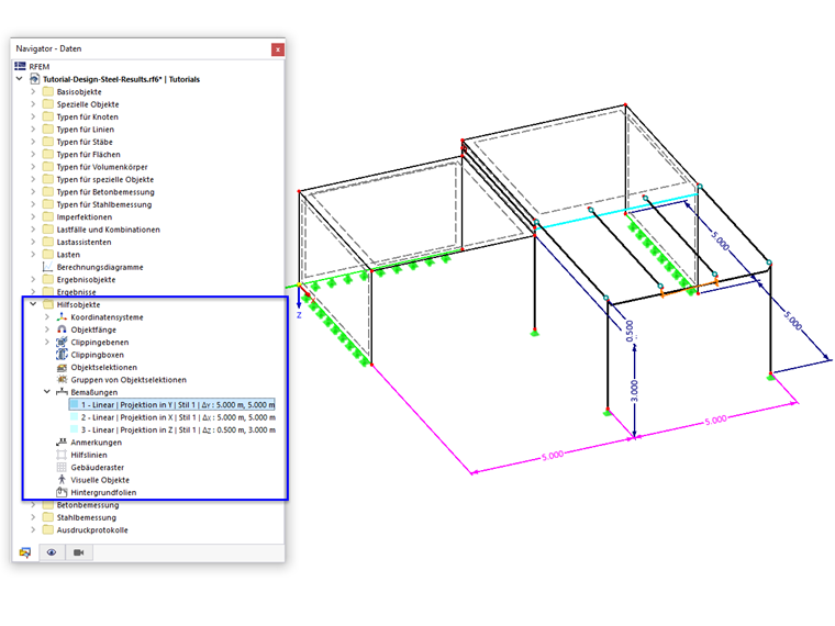 RFEM Navigator zeigt die Verwaltung von Bemaßungen in der Kategorie Hilfsobjekte