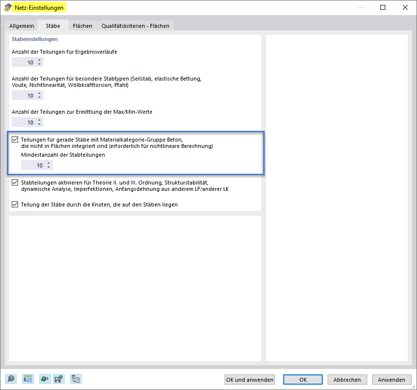 Stabteilung für nichtlineare Analyse von Stahlbetonstäben | Netz und Einstellungen sichtbar