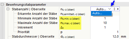 Automatische Ermittlung der Stabanzahl in der Bewehrungsaufstellung | Technische Ergebnisansicht