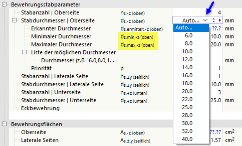 Berechnung des Stabdurchmessers für Bewehrungsanalysen | Automatische Bestimmung der Längsbewehrung