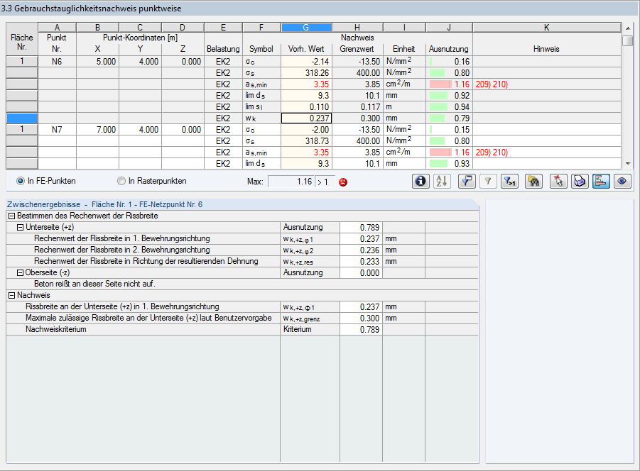 Anzeige der Maske 3.3 für den punktweisen Gebrauchstauglichkeitsnachweis mit prüfbezogenen Parametern