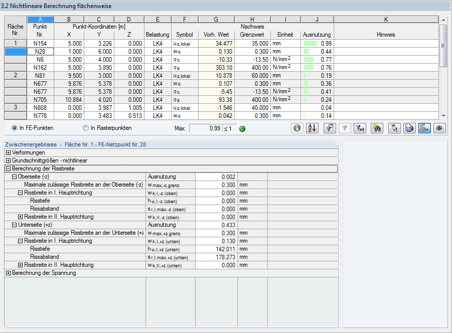 Ansicht einer Eingabemaske zur flächenweisen nichtlinearen Berechnung von Bauelementen.
