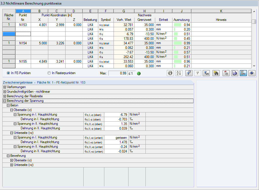 Screenshot der Maske 3.3 zur punktweisen nichtlinearen Berechnung mit Eingabefeldern und Optionen