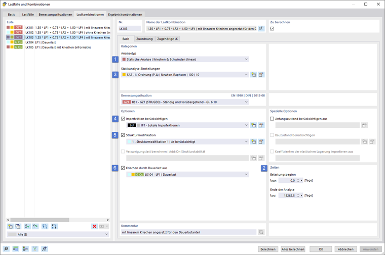 Das Bild zeigt eine nichtlineare Analyse gemäß EC2 5.8.6 mit Betonimperfektionen, Kriechen, TIIO und Strukturmodifikation.