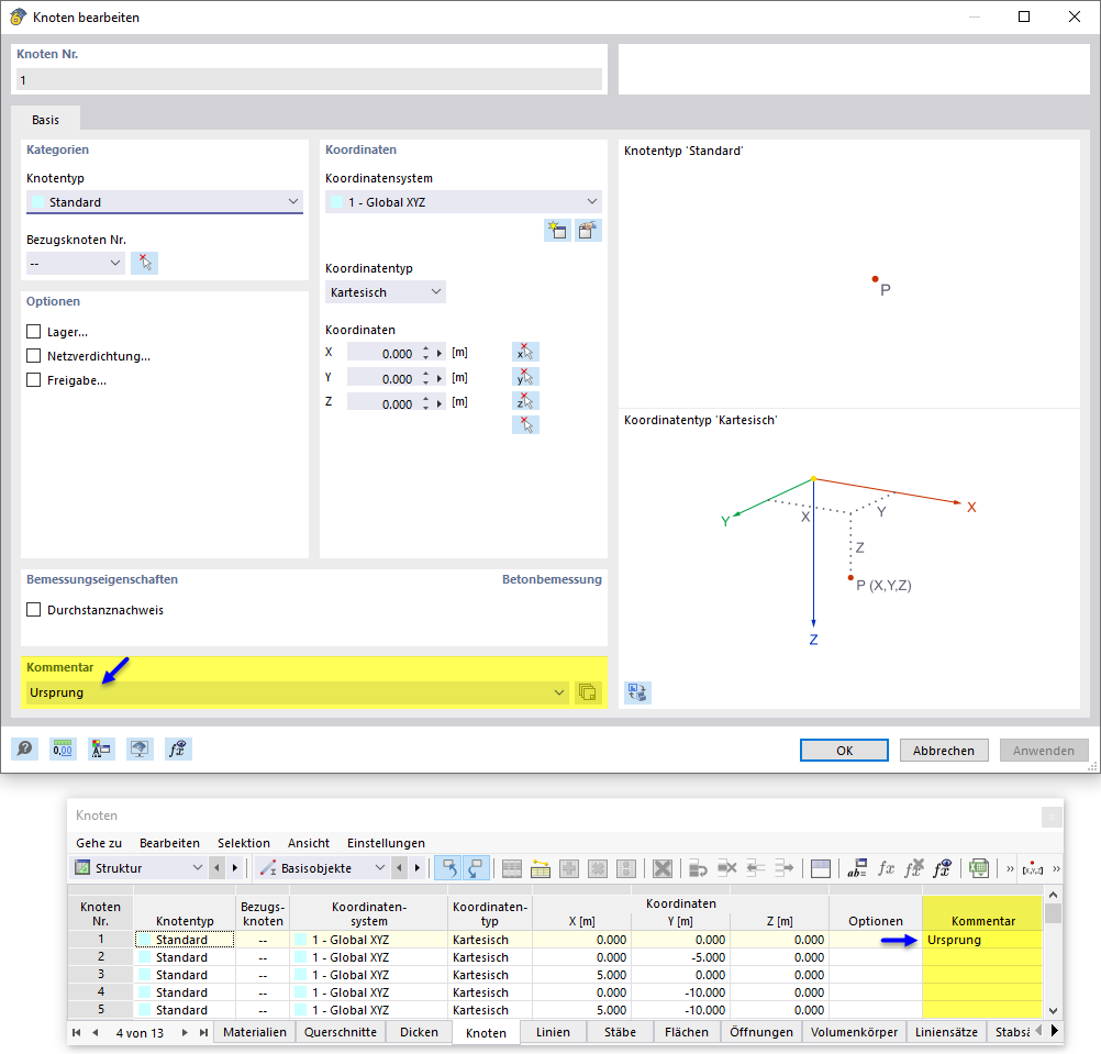 Softwareoberfläche | Kommentar im Dialog | Tabellenbasierte Dateneingabe