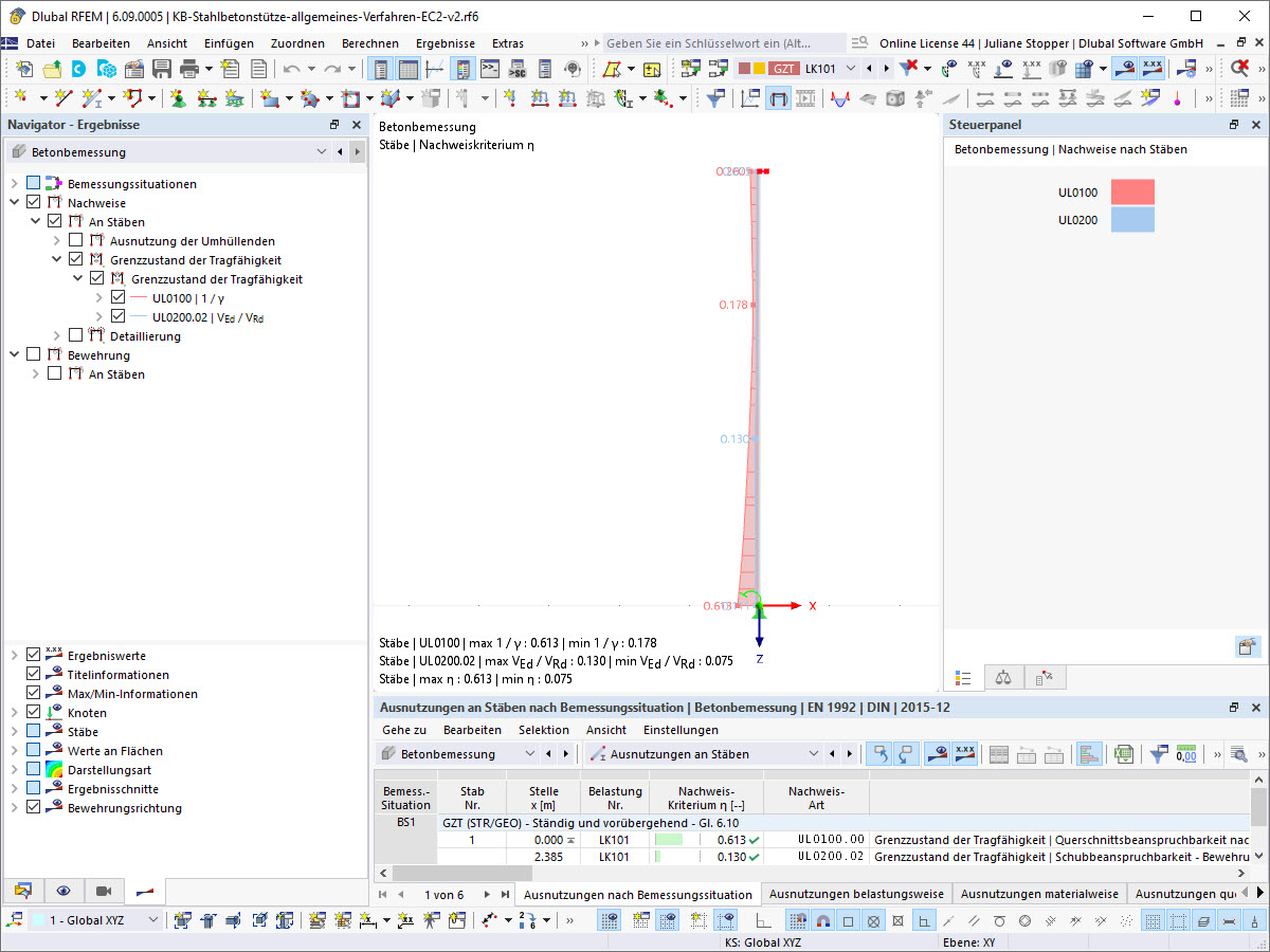 GZT Ergebnisse der Betonbemessung | nichtlineares Kriechverhalten, EC 2 5.8.6