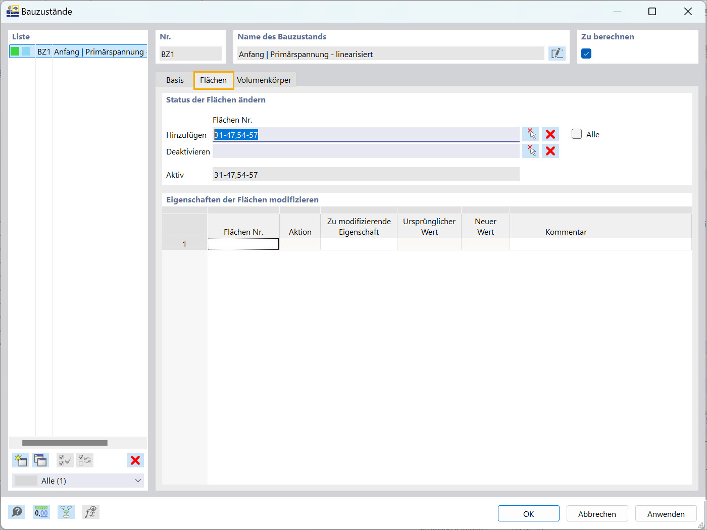 Änderung des Flächenstatus in einem Bauzustand in RFEM 6