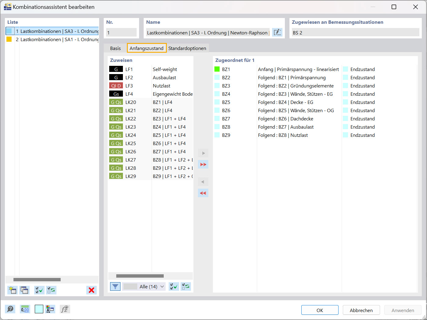 RFEM 6-Kombinationsassistent für die Lasteinstellungen der Bauzustände
