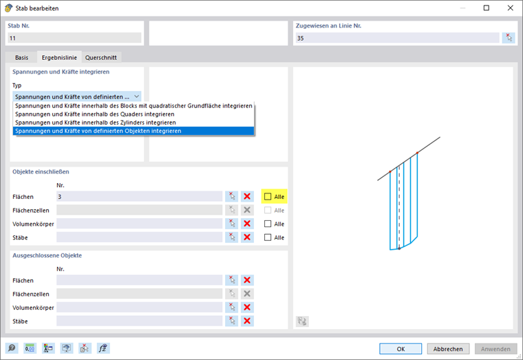 Die Benutzeroberfläche bietet Optionen zur Definition einer Ergebnislinie.