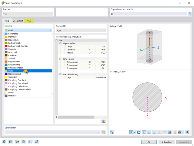 Dialog zur Eingabe von Stabsparametern | Auswahl des Pfahltyps