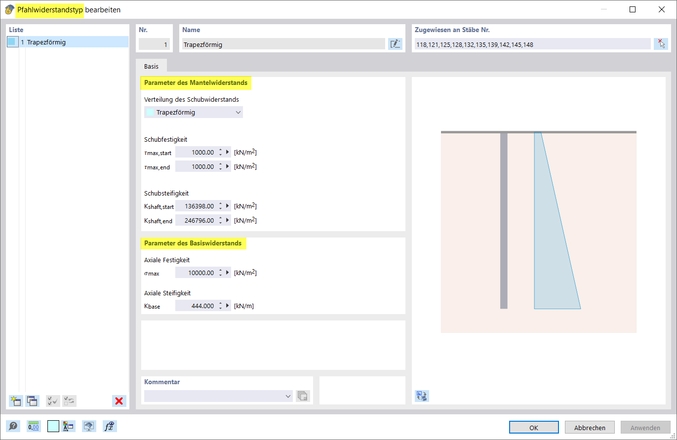 Eingabefenster für Widerstandsparameter | Mantelreibung, Spitzendruck, Basiswiderstand
