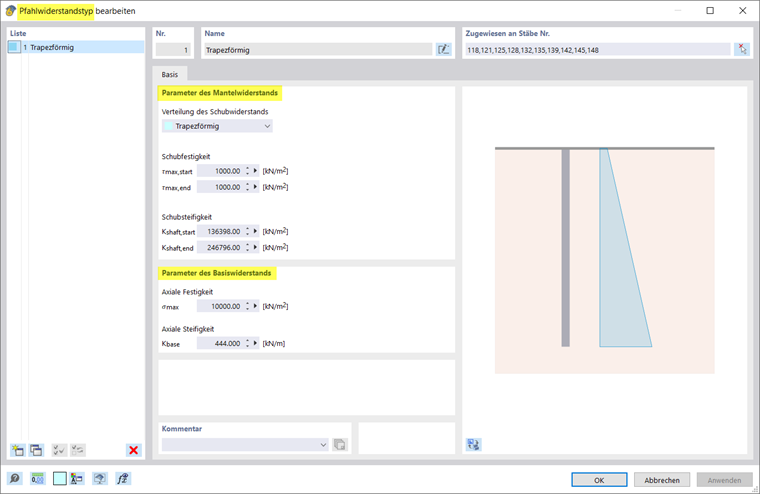 Eingabefenster für Widerstandsparameter | Mantelreibung, Spitzendruck, Basiswiderstand