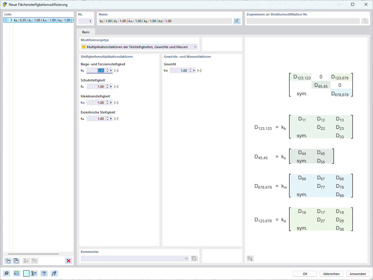 RFEM 6-Fenster zur Modifizierung der Flächensteifigkeit mit Matrixterm-Multiplikatoren