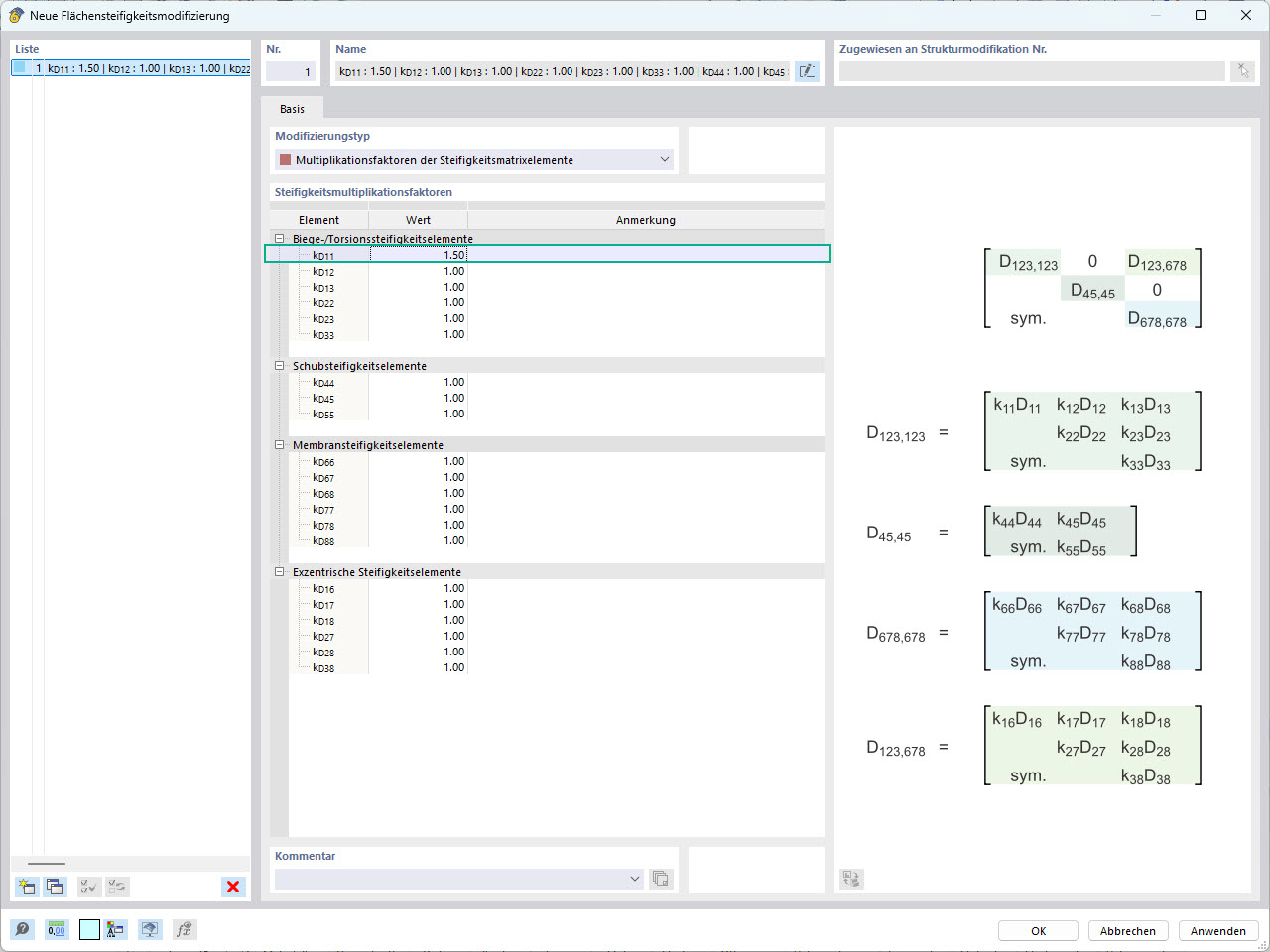 RFEM 6-Oberfläche mit Anzeige der Einstellungen für die elementspezifische Steifigkeitsmodifizierung
